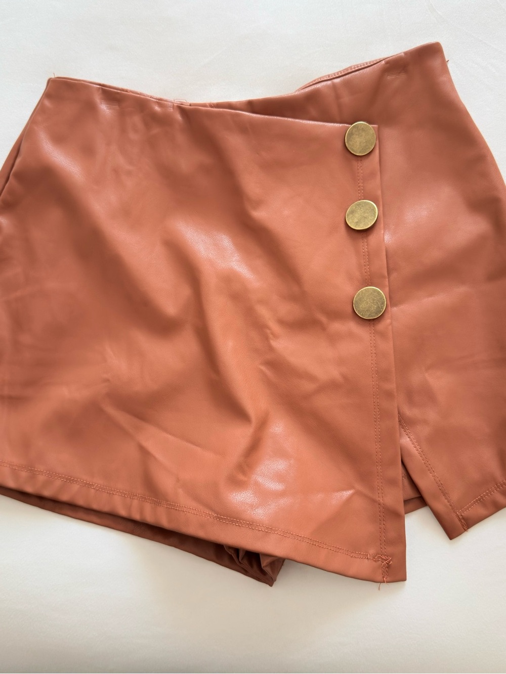 Haute Monde Faux Leather High-Waist Skort in Terracotta with Gold Buttons
